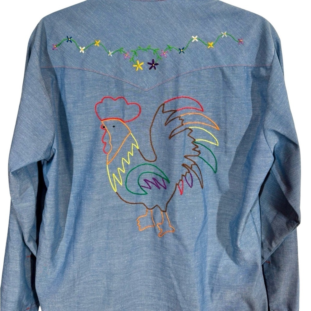 Vintage 70s BIG MAC Embroidered Rooster Chambray Western Shirt Pearl Snap - Picture 5 of 7